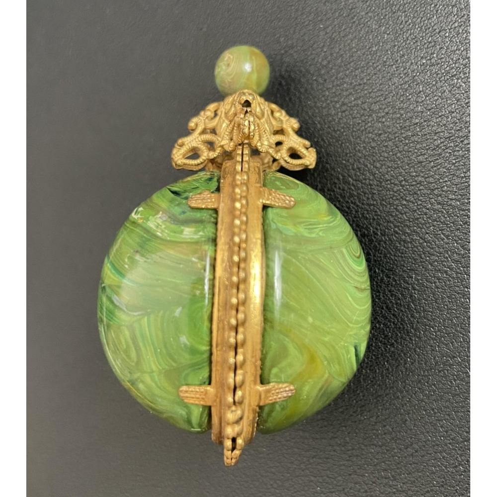 Vintage Miriam Haskel Pendant Egg Green Swirl Orb Pendant Gold‎ Tone Filigree - Picture 2 of 8